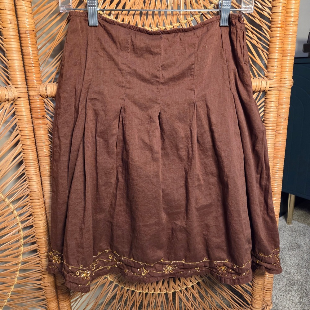 Y2K Cato Girl 16 Pleated Skirt Brown Embroidered Sequin Hem 100% Cotton Brown